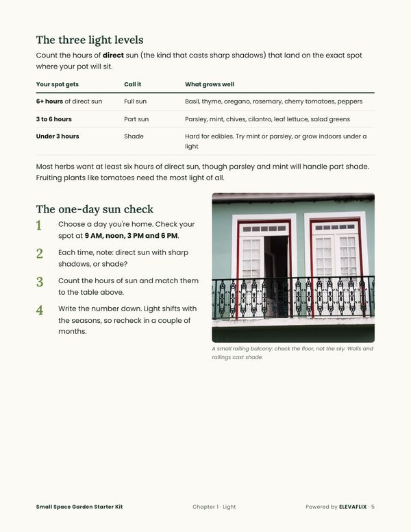 Page: the three light levels and the one-day sun check