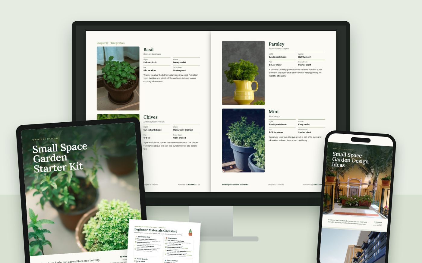 The Small Space Garden Starter Kit shown on a desktop screen, tablet and phone, with the printable checklist
